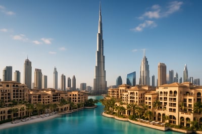 Dubai skyline featuring the Burj Khalifa and luxury resorts