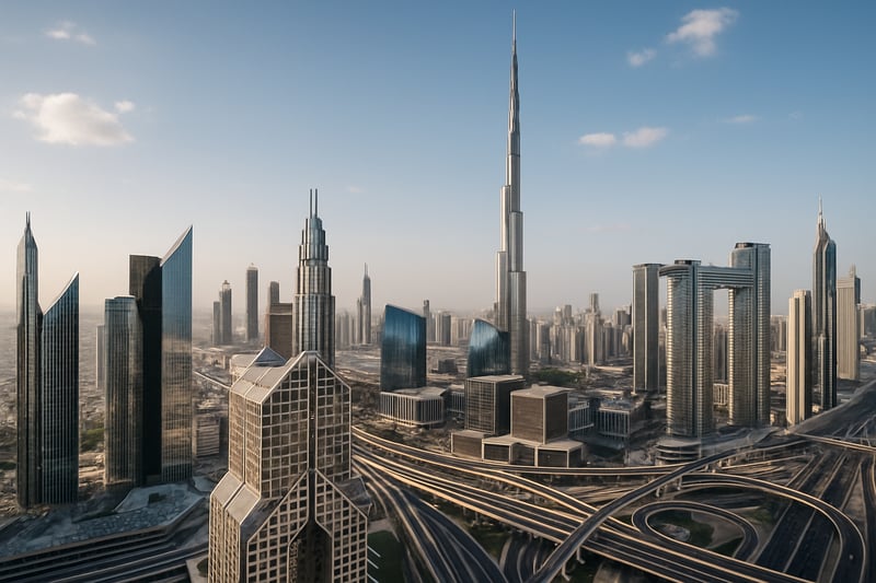 Panoramic view of Dubai's skyline including the Burj Khalifa and modern architecture