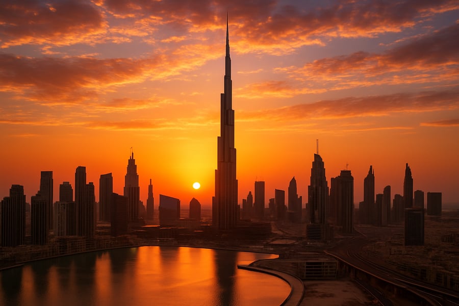 Stunning Dubai skyline with Burj Khalifa at sunset